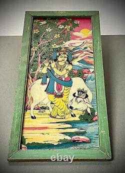 PEINTURE SUR VERRE RÉVERSIBLE INDIENNE VINTAGE KRISHNA SCÈNE PASTORALE VACHE SACRÉE 20e siècle