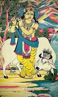 PEINTURE SUR VERRE RÉVERSIBLE INDIENNE VINTAGE KRISHNA SCÈNE PASTORALE VACHE SACRÉE 20e siècle