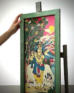 PEINTURE SUR VERRE RÉVERSIBLE INDIENNE VINTAGE KRISHNA SCÈNE PASTORALE VACHE SACRÉE 20e siècle