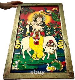 PEINTURE VINTAGE INDIENNE SUR VERRE RÉVERSIBLE KRISHNA VACHE SACRÉE SCÈNE PASTORALE 20e siècle