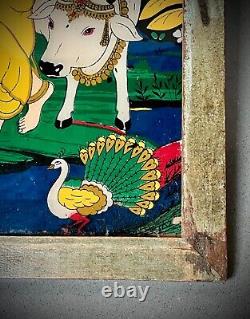 PEINTURE VINTAGE INDIENNE SUR VERRE RÉVERSIBLE KRISHNA VACHE SACRÉE SCÈNE PASTORALE 20e siècle