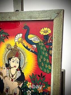 PEINTURE VINTAGE INDIENNE SUR VERRE RÉVERSIBLE KRISHNA VACHE SACRÉE SCÈNE PASTORALE 20e siècle