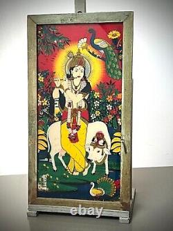 PEINTURE VINTAGE INDIENNE SUR VERRE RÉVERSIBLE KRISHNA VACHE SACRÉE SCÈNE PASTORALE 20e siècle