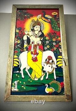 PEINTURE VINTAGE INDIENNE SUR VERRE RÉVERSIBLE KRISHNA VACHE SACRÉE SCÈNE PASTORALE 20e siècle