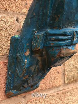 Paire Antique Vintage Large Indian Wooden Teck Horse Head Sculpture C1850 Bleu