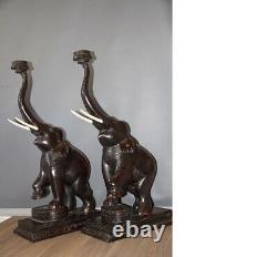 Paire D'anciennes Grandes Lampes Décoratives Sculptées En Bois Éléphant