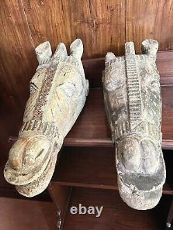 Paire D'antique Vintage Indian Wooden Horse Head De L'inde. Peinture À La Main