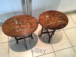 Paire De Antique Vintage Marqueté Indiens Tables Ovale Side