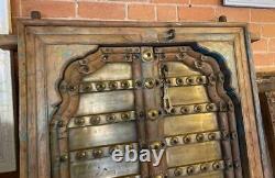 Paire De Original Antique Vintage Rustique Indien Jali Doors Wood & Laiton Poli