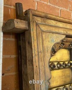 Paire De Original Antique Vintage Rustique Indien Jali Doors Wood & Laiton Poli