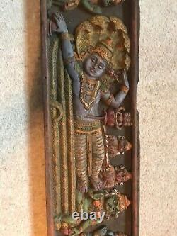 Panneau Mural En Bois Sculpté Vintage Hindu Gods Vishnu Sur Sheshnaga Rare