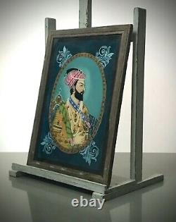 Peinture Indienne En Verre Inversé Vintage, Portrait De Maharaja. Grande. Élite Moghole