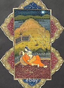 Peinture Miniature Indienne Vintage. Les Amoureux Du Clair De Lune. École Du Rajasthan