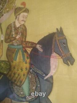 Peinture Vintage Indienne à la Main du Roi Mughal Montant à Cheval, Art Ancien Encadré