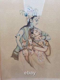 Peinture indienne vintage Radha Krishna jouant de la flûte, peinture sur papier