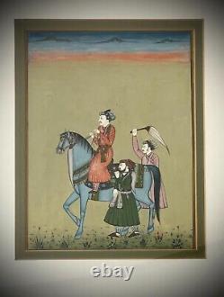 Peinture miniature indienne Noble Rajput à cheval milieu du 20e siècle cadre ultérieur