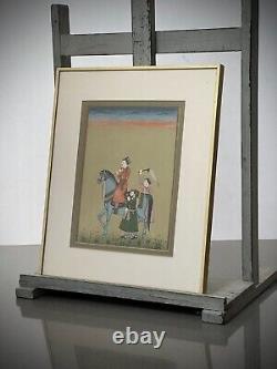 Peinture miniature indienne Noble Rajput à cheval milieu du 20e siècle cadre ultérieur