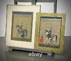 Peinture miniature indienne Noble Rajput à cheval milieu du 20e siècle cadre ultérieur