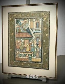 Peinture miniature indienne Scène de la cour royale moghole Milieu du XXe siècle Cadre ultérieur