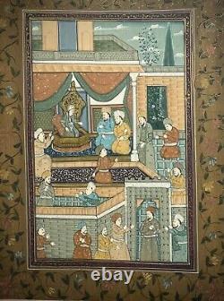 Peinture miniature indienne Scène de la cour royale moghole Milieu du XXe siècle Cadre ultérieur