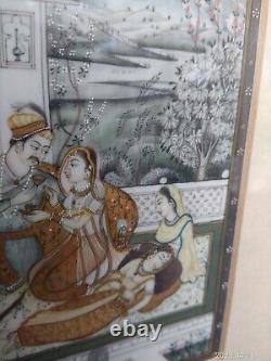 Peinture miniature indienne érotique de qualité fine antiques vintage de l'époque moghole, encadrée à nouveau