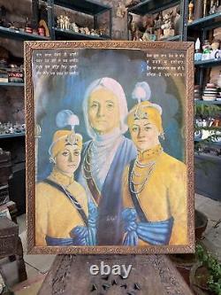 Peinture religieuse vintage de Mata Gujri Sikh par l'artiste indien Sohal encadrée en bois