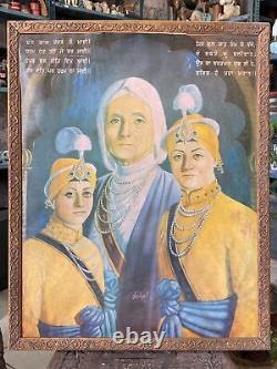 Peinture religieuse vintage de Mata Gujri Sikh par l'artiste indien Sohal encadrée en bois