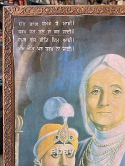 Peinture religieuse vintage de Mata Gujri Sikh par l'artiste indien Sohal encadrée en bois