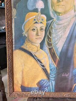 Peinture religieuse vintage de Mata Gujri Sikh par l'artiste indien Sohal encadrée en bois