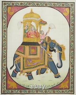 Peinture sur soie indienne vintage d'un maharaja sur éléphant, encadrée et vitrée
