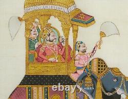 Peinture sur soie indienne vintage d'un maharaja sur éléphant, encadrée et vitrée