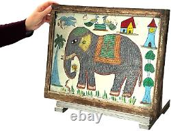 Peinture sur verre et perles indiennes vintage Éléphant indien Cadre original Art Déco