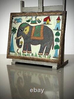 Peinture sur verre et perles indiennes vintage Éléphant indien Cadre original Art Déco