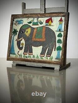 Peinture sur verre et perles indiennes vintage Éléphant indien Cadre original Art Déco