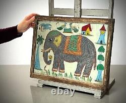 Peinture sur verre et perles indiennes vintage Éléphant indien Cadre original Art Déco