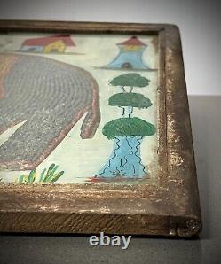 Peinture sur verre et perles indiennes vintage Éléphant indien Cadre original Art Déco