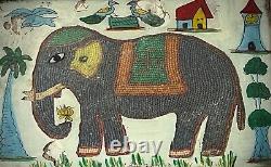 Peinture sur verre et perles indiennes vintage Éléphant indien Cadre original Art Déco