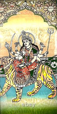 Peinture sur verre inversée indienne Durga sur tigre Cadre de l'époque Art Déco ancien et antique