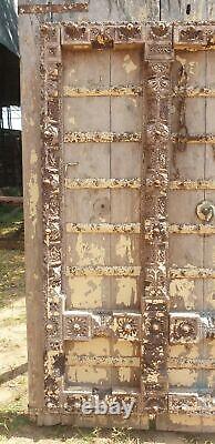Porte indienne sculptée vintage, porte indienne antique, porte en bois de teck, fer et bois