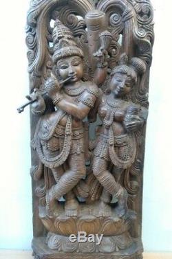 Radha Krishna Sculpture Dieu Hindou Statue Krsna Panneau Mural En Bois Vintage Décor U