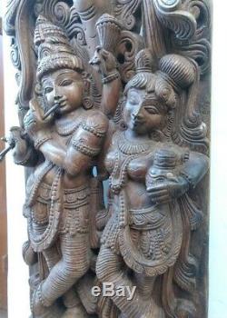 Radha Krishna Sculpture Dieu Hindou Statue Krsna Panneau Mural En Bois Vintage Décor U