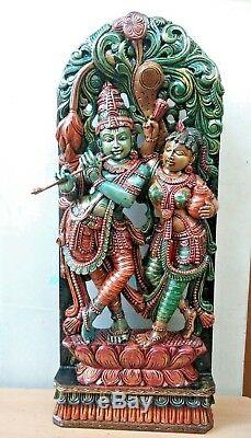 Radha Krishna Sculpture Dieu Hindou Statue Vintage Krsna Panneau Mural En Bois