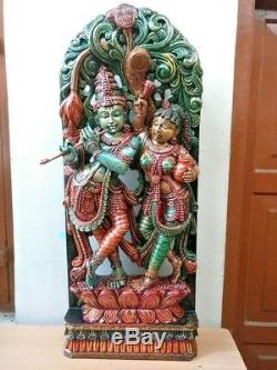 Radha Krishna Sculpture Dieu Hindou Statue Vintage Krsna Panneau Mural En Bois