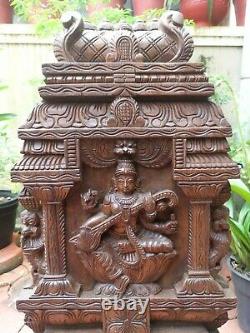 Saraswati Statue Panneau De Mur Temple En Bois De Kavadi Gopuram Sculpture Vintage Décor