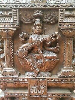 Saraswati Statue Panneau De Mur Temple En Bois De Kavadi Gopuram Sculpture Vintage Décor