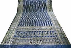 Sari indien en soie pure bleue tissée à la main, brocart Banarasi antique vintage