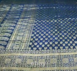 Sari indien en soie pure bleue tissée à la main, brocart Banarasi antique vintage