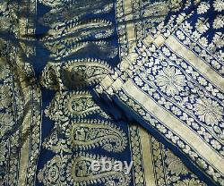 Sari indien en soie pure bleue tissée à la main, brocart Banarasi antique vintage