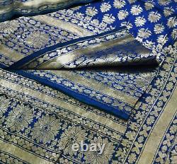 Sari indien en soie pure bleue tissée à la main, brocart Banarasi antique vintage