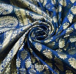 Sari indien en soie pure bleue tissée à la main, brocart Banarasi antique vintage